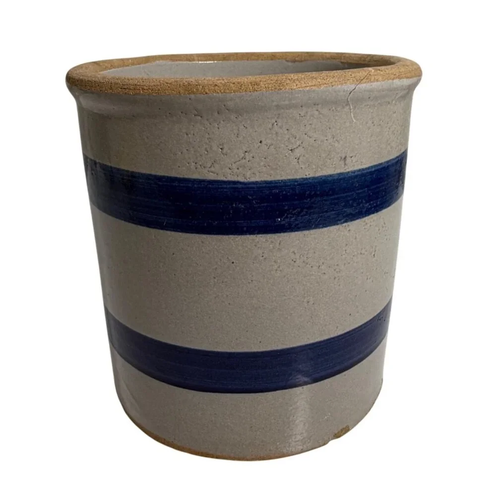Stoneware Crock w/ Blue Stripes - Rustic Kitchen Utensil Holder Decorative Vase